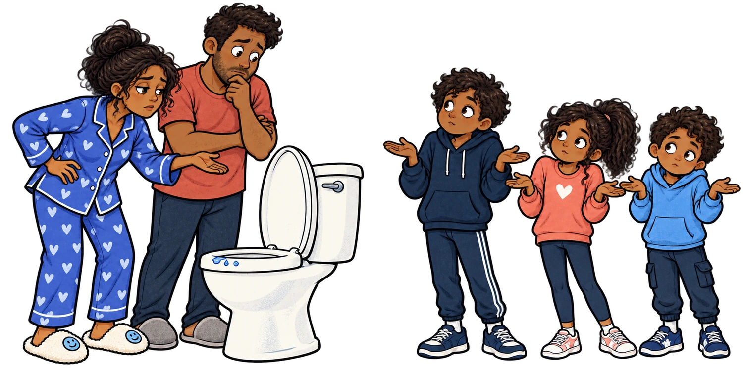 Cartoon parents looking puzzled beside a toilet while their two boys and daughter shrug and deny leaving the mess