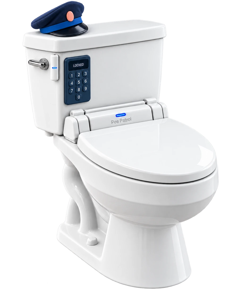 Pee Patrol with a navy police cap on the tank, a locked closed lid, and a personal-code keypad